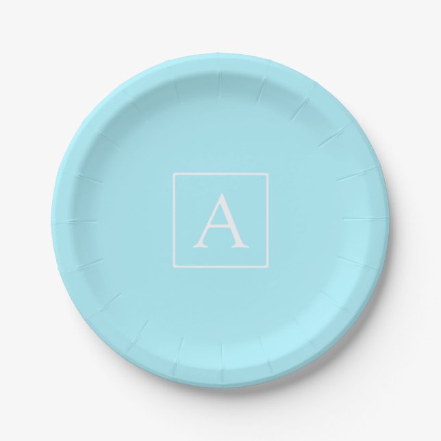 Simple Sky Blue Monogram Paper Plates (Front)