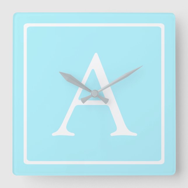 Simple Sky Blue Monogram Square Wall Clock (Front)