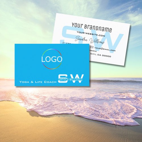 Simple Sky Blue White with Monogram and Logo Business Card