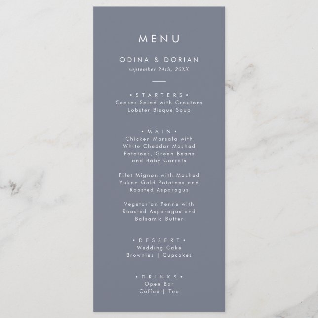 Simple Slate Blue Gray Wedding Dinner Menu (Front)