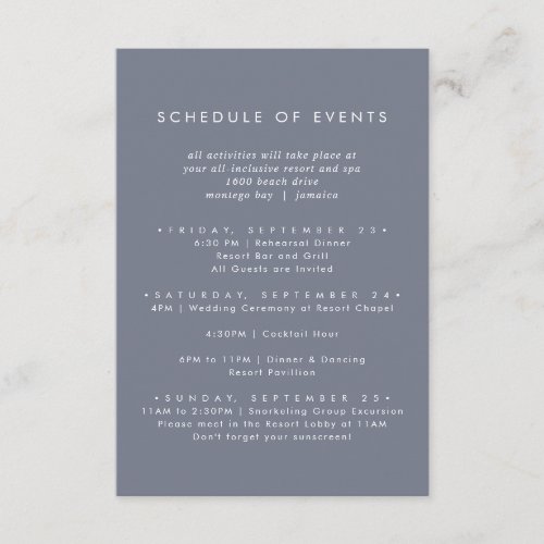 Simple Slate Blue Gray Wedding Schedule of Events Enclosure Card