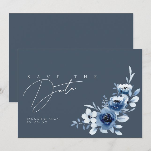 Simple Slate Blue Roses Wedding Save The Date (Front/Back)
