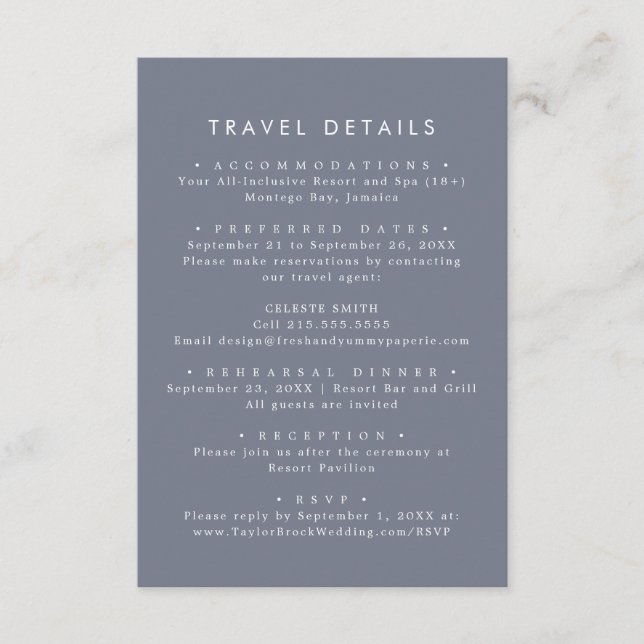 Simple Slate Destination Wedding Travel Detail Enclosure Card (Front)