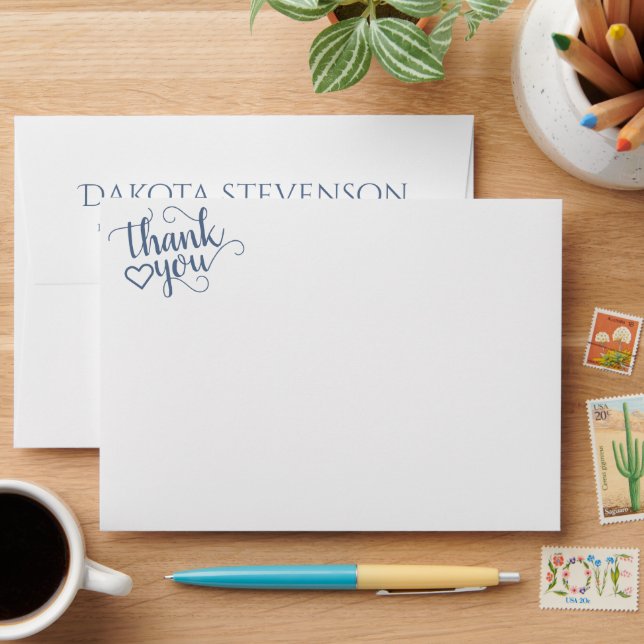 Simple Slate Script | Dusty Blue Thank You Address Envelope (Desk)