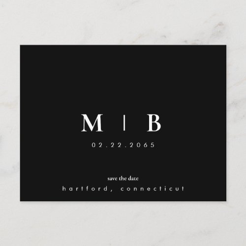 Simple  Sleek BW Monogram Save the Date  Announcement Postcard