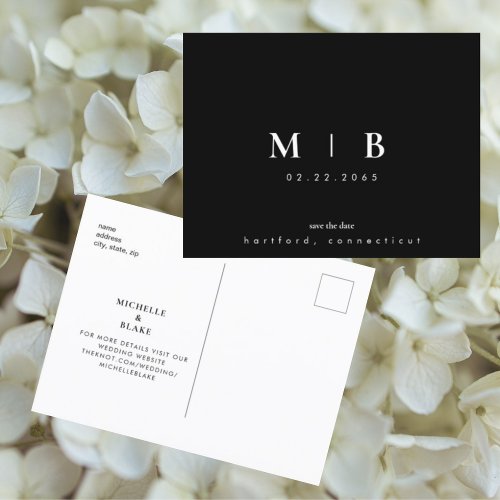 Simple  Sleek BW Monogram Wedding Save the Date  Announcement Postcard