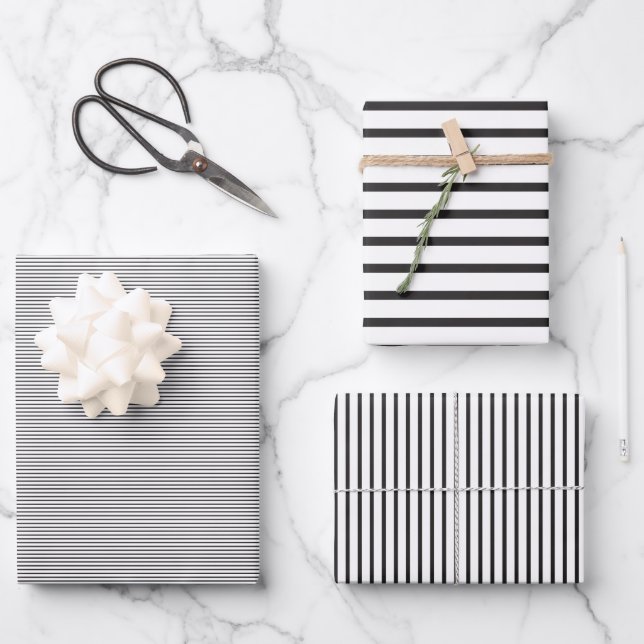 Simple Sleek Black and White Stripes Wrapping Paper Sheets (Front)