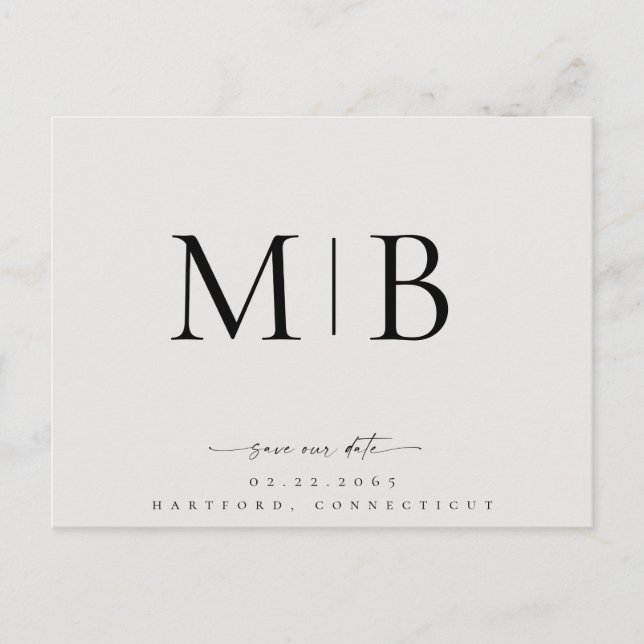 Simple Sleek Monogram Beige Save our Date Wedding Announcement Postcard (Front)