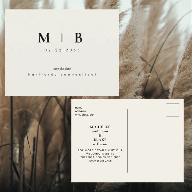 Simple & Sleek Monogram Beige Save the Date Weddin Announcement Postcard (Creator Uploaded)