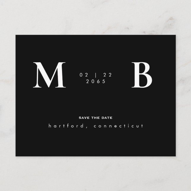 Simple & Sleek Monogram Black/White Save the Date  Postcard (Front)