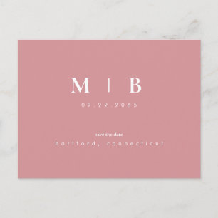 Simple & Sleek Monogram Blush Save the Date Announcement Postcard