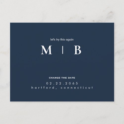 Simple  Sleek Monogram Navy Change the Date  Announcement Postcard