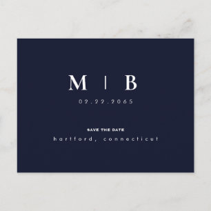 Simple & Sleek Monogram Navy & White Save the Date Postcard