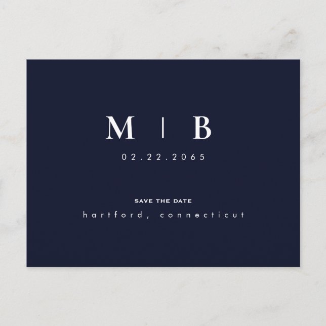 Simple & Sleek Monogram Navy & White Save the Date Postcard (Front)