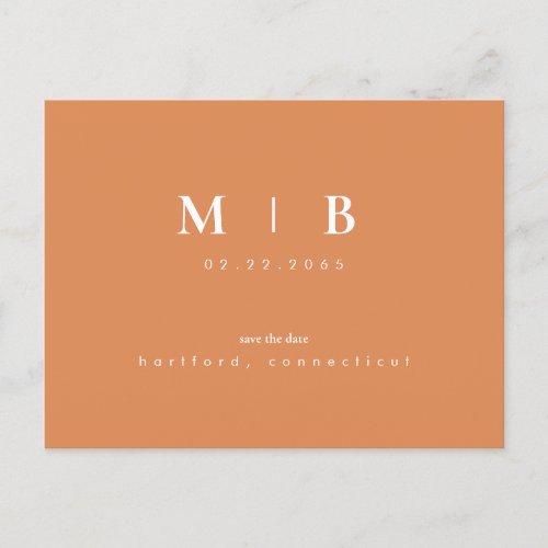 Simple  Sleek Monogram Peach Save the Date Announcement Postcard