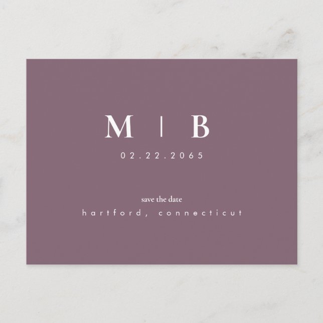 Simple & Sleek Monogram Plum Save the Date  Announcement Postcard (Front)