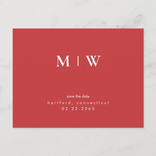 Simple & Sleek White Monogram Red/White Save Date Postcard (Front)