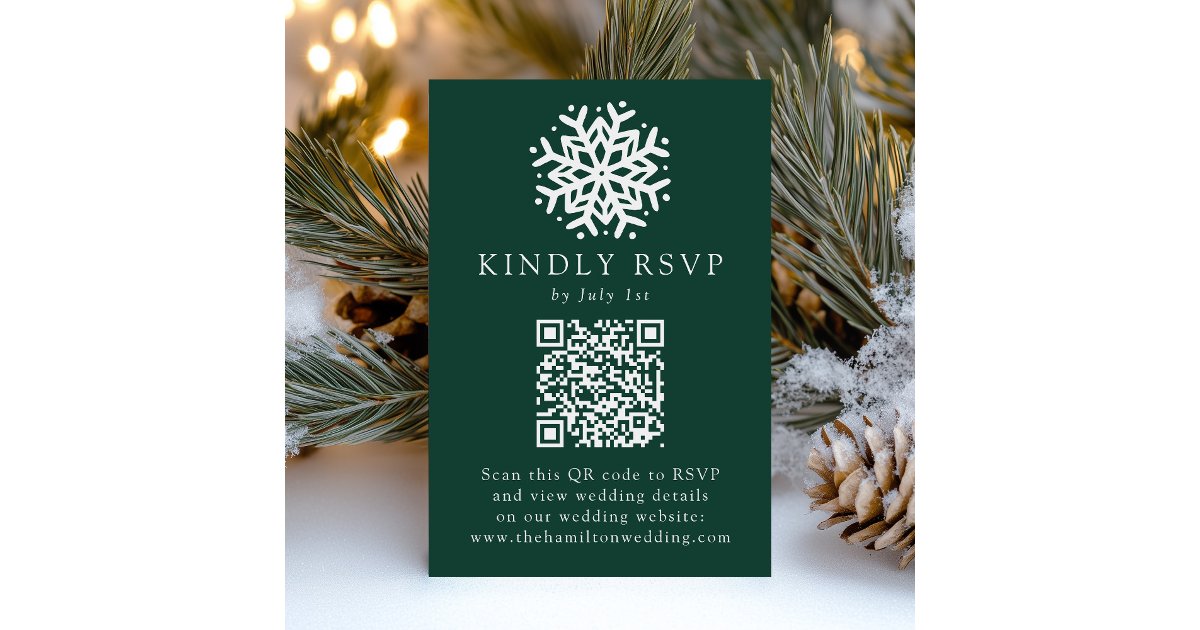 Simple Snowflake Green QR Code Wedding RSVP Card | Zazzle