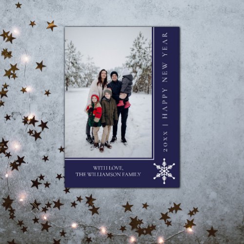 Simple Snowflake New Years Photo Card  Blue