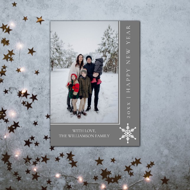 Simple Snowflake New Year's Photo Card | Gray (Simple Snowflake New Years Photo Card - Gray)