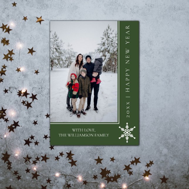 Simple Snowflake New Year's Photo Card | Green (Simple Snowflake New Years Photo Card - Green)