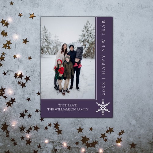 Simple Snowflake New Years Photo Card  Purple