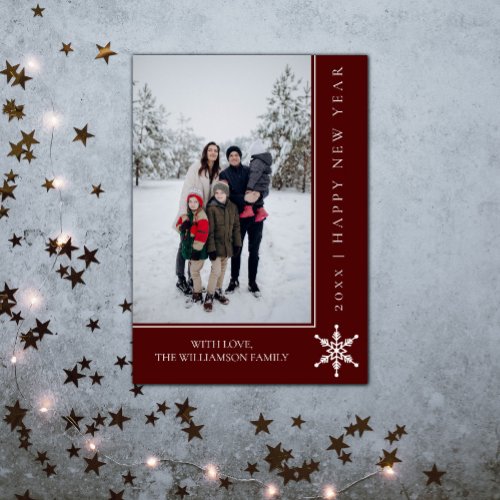 Simple Snowflake New Years Photo Card  Red