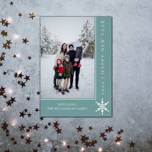 Simple Snowflake New Years Photo Card  Teal
