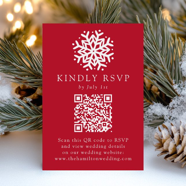 Simple Snowflake Red QR Code Wedding RSVP Card (Creator Uploaded)