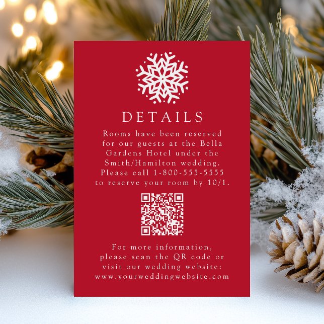 Simple Snowflake Red Wedding Details QR Code Enclosure Card (Creator Uploaded)