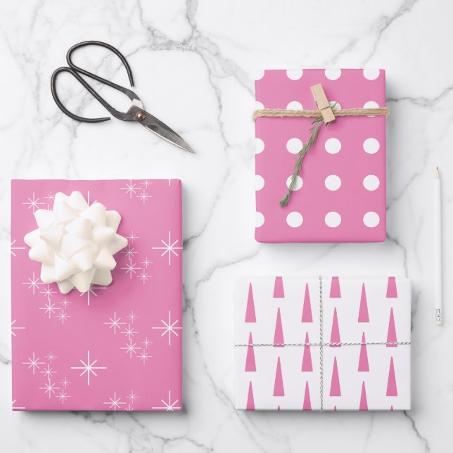 Simple Snowflakes Christmas Trees Pink Wrapping Paper Sheets (Front)