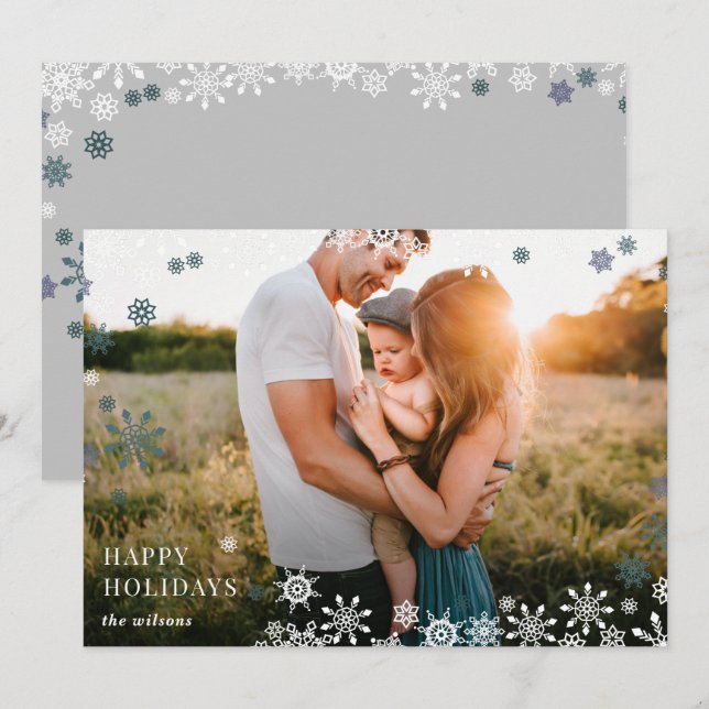 Simple Snowflakes Frame Modern Full Photo Holiday Card (Front/Back)