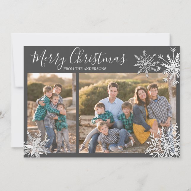 Simple Snowflakes Gray and White Photo Holiday Card (Front)