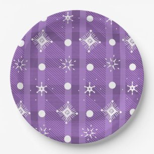 Simple Snowflakes Purple Plaid Pattern Paper Plates