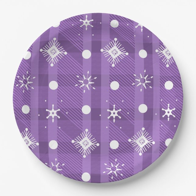 Simple Snowflakes Purple Plaid Pattern     Paper Plates (Front)