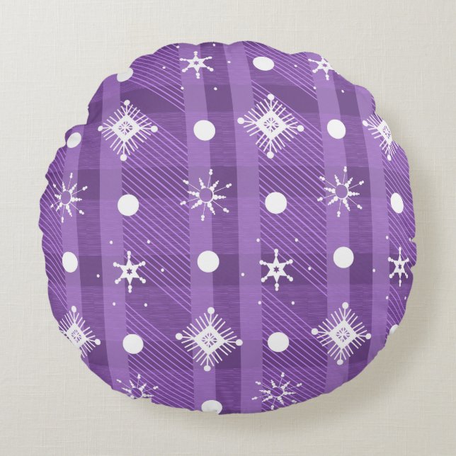 Simple Snowflakes Purple Plaid Pattern    Round Pillow (Front)