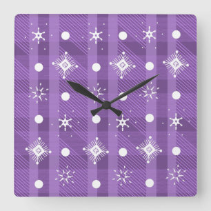 Simple Snowflakes Purple Plaid Square Wall Clock