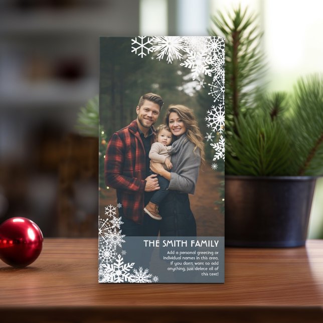 Simple Snowflakes with Vertical Photo Pastel Blue Holiday Card (Online Christmas card template, minimal design with 1 photo. Download option available)