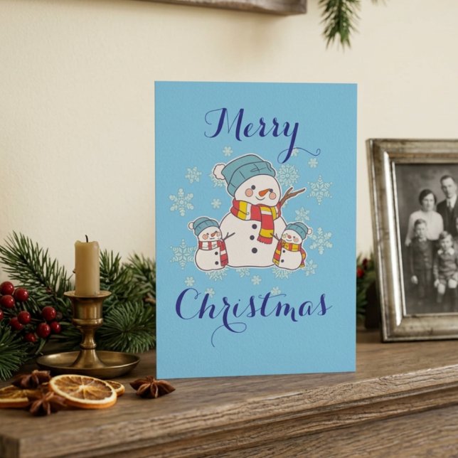 Simple Snowman Blue Holiday Personalize Card (Creator Uploaded)