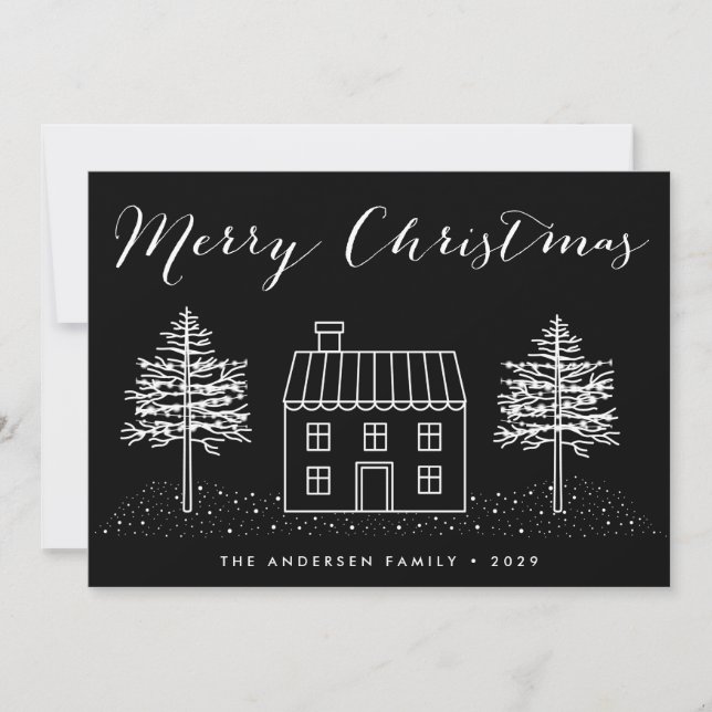 Simple Snowy Christmas House Photo Christmas Card (Front)