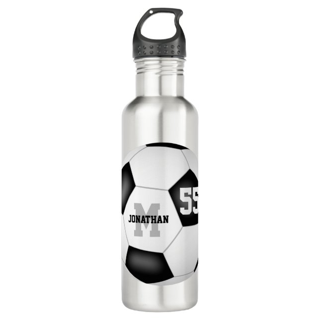 Simple soccer ball boy girl name jersey number stainless steel water bottle (Front)