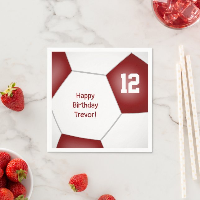 simple soccer ball girls boys birthday maroon napkins (Insitu)