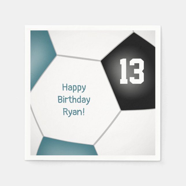 simple soccer ball girls boys birthday teal black napkins (Front)