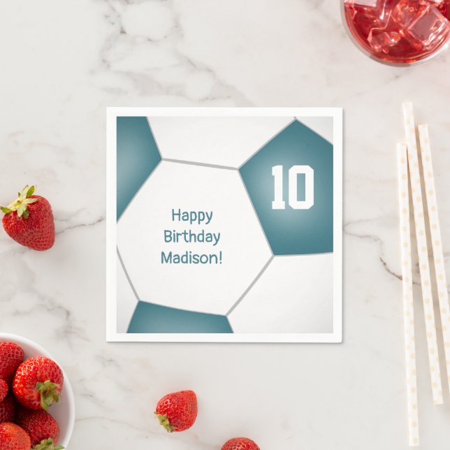 simple soccer ball girls boys birthday teal napkins (Insitu)