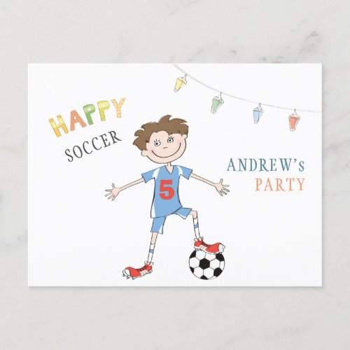 Simple soccer birthday 5 years boy sports party announcement postcard
