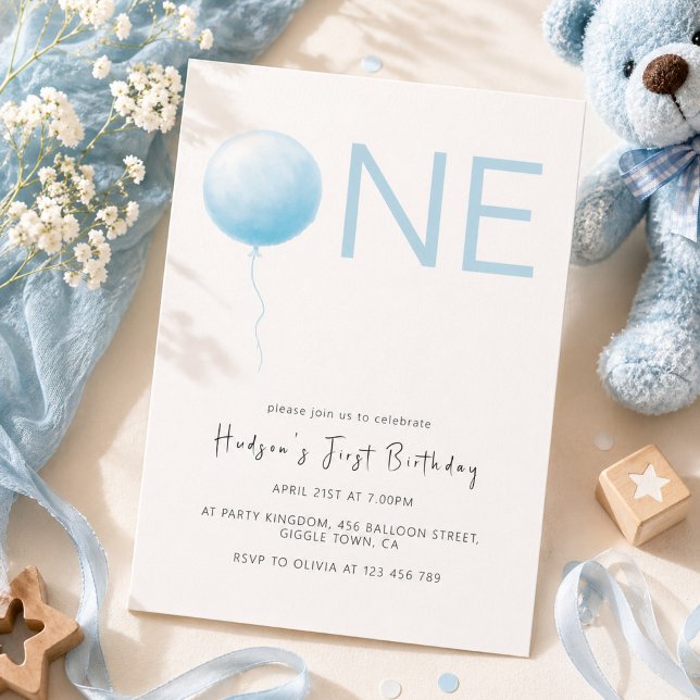 Simple Soft Blue Balloon Boy First Birthday Invitation (Creator Uploaded)