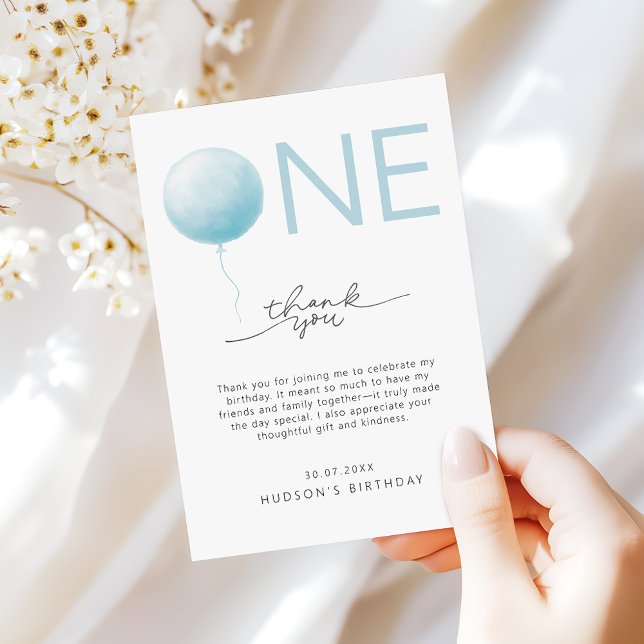 Simple Soft Blue Balloon Boys First Birthday Thank You Card (Creator Uploaded)