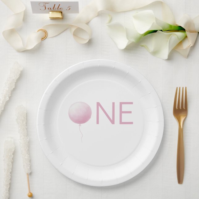 Simple Soft Pink Balloon Girl 1st Birthday Party Paper Plates (Wedding)