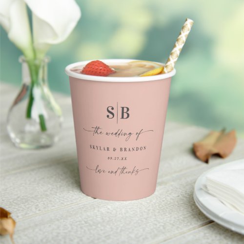 Simple Solid Color Blush Pink Monogrammed Wedding Paper Cups
