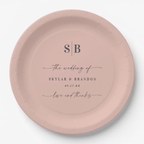 Simple Solid Color Blush Pink Monogrammed Wedding Paper Plates